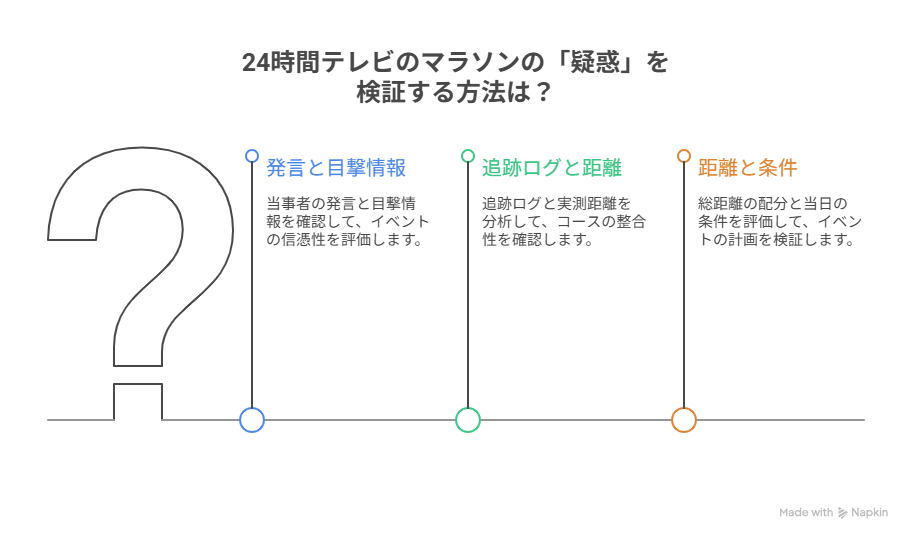 24時間テレビのマラソンやらせ疑惑の検証方法についての図解