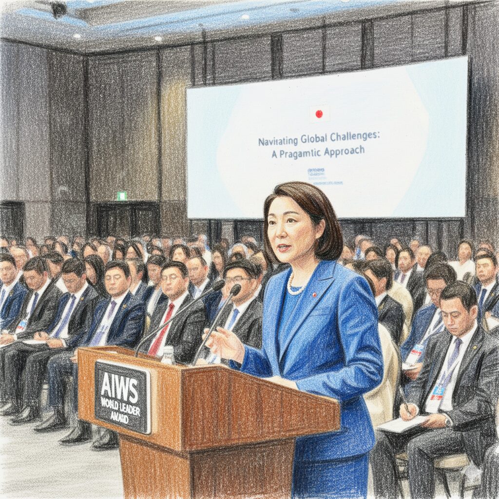 高市早苗が国際会議で英語でスピーチするイメージ画像