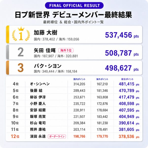 日プ新世界ファイナルの最終順位と票数一覧