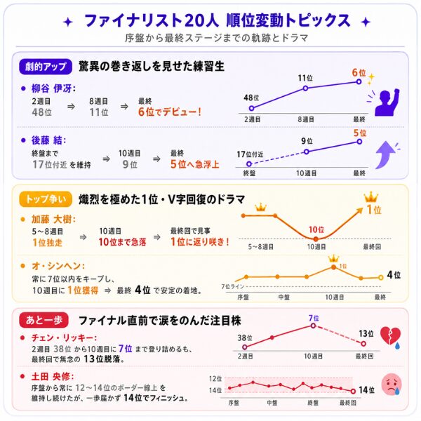 日プ新世界ファイナリスト20人の順位変動トピックの画像